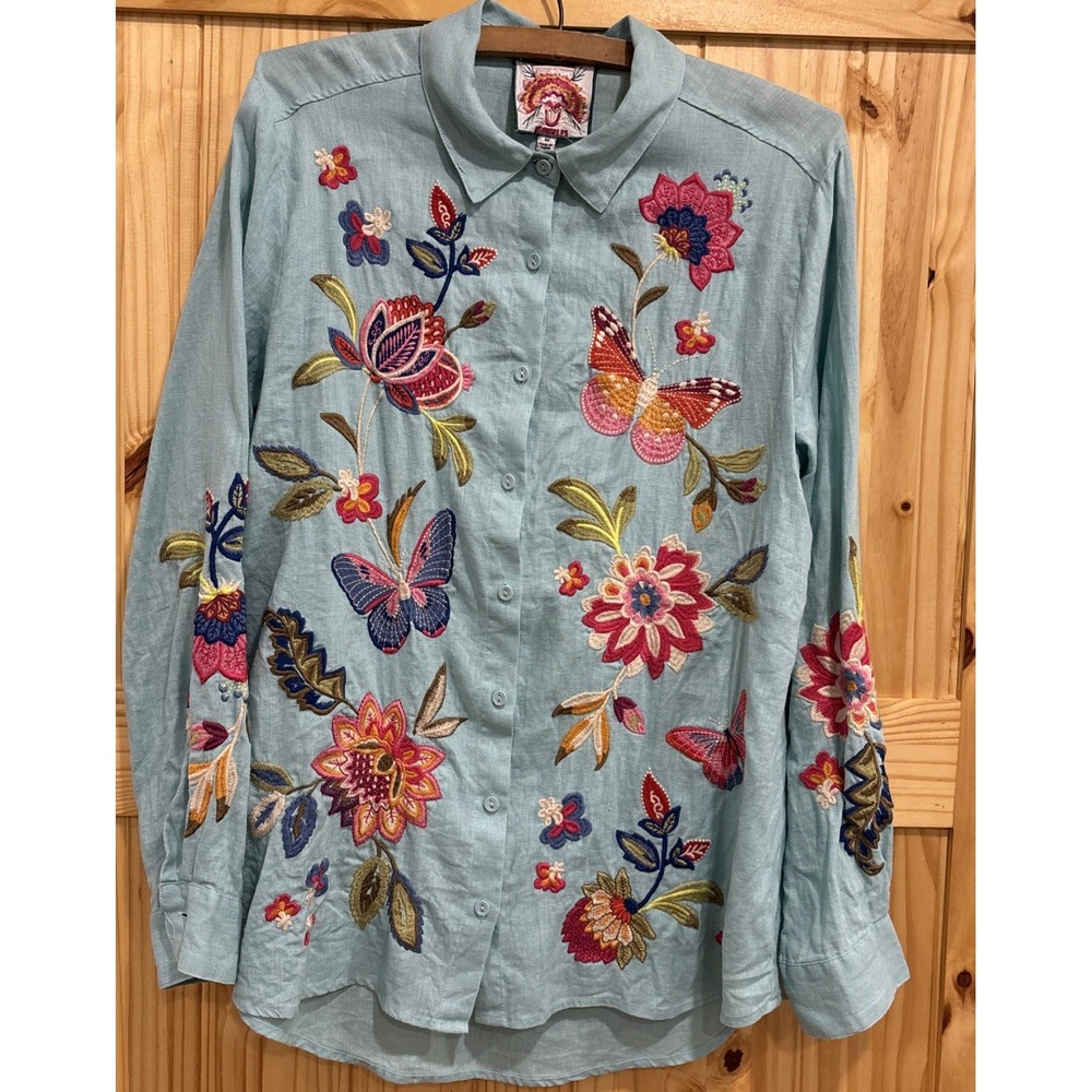 Johnny Was GRACEY Linen Embroidered Turquo-Blue Butterfly Floral Size Med $230